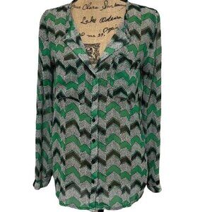 Love soup Button Down Sheer Blouse Green Black Grey Chevron Pattern Size Medium
